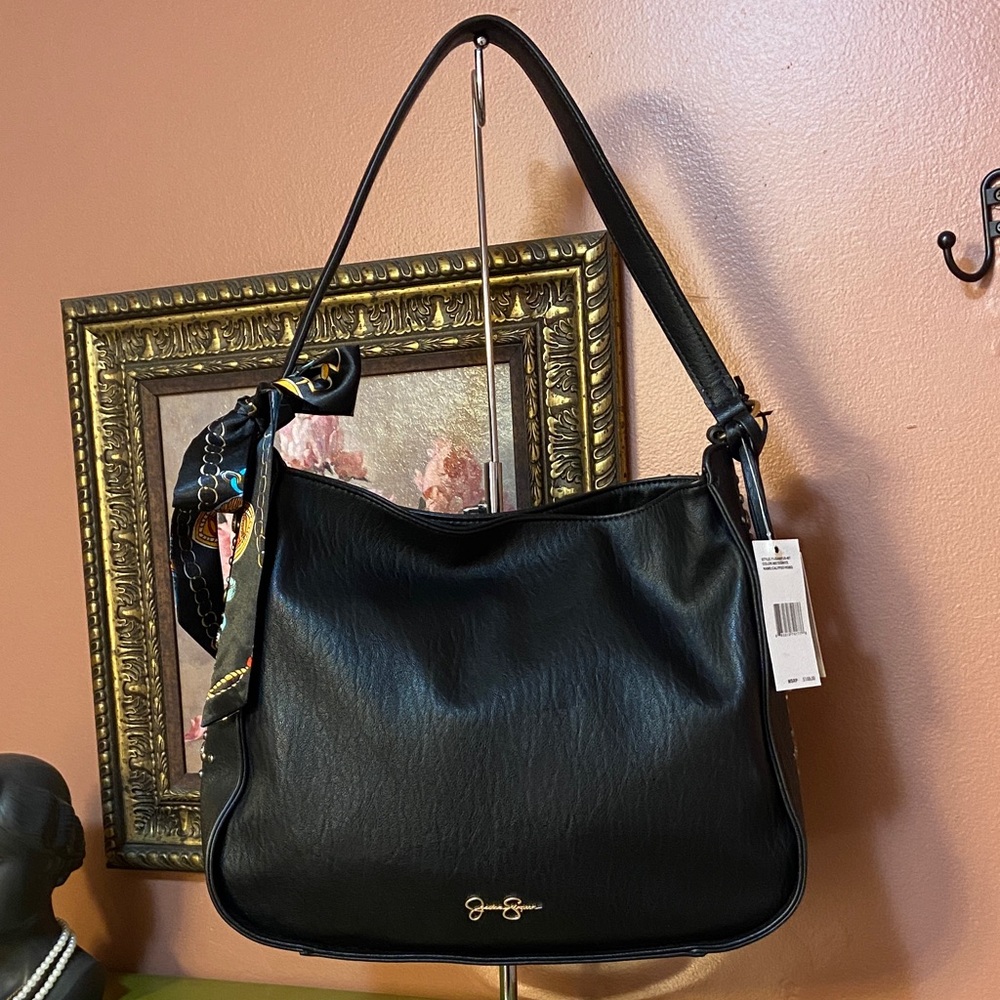 Jessica Simpson NWT Black Faux Leather Shoulder Hobo Bag with Scarf - Picture 10 of 11